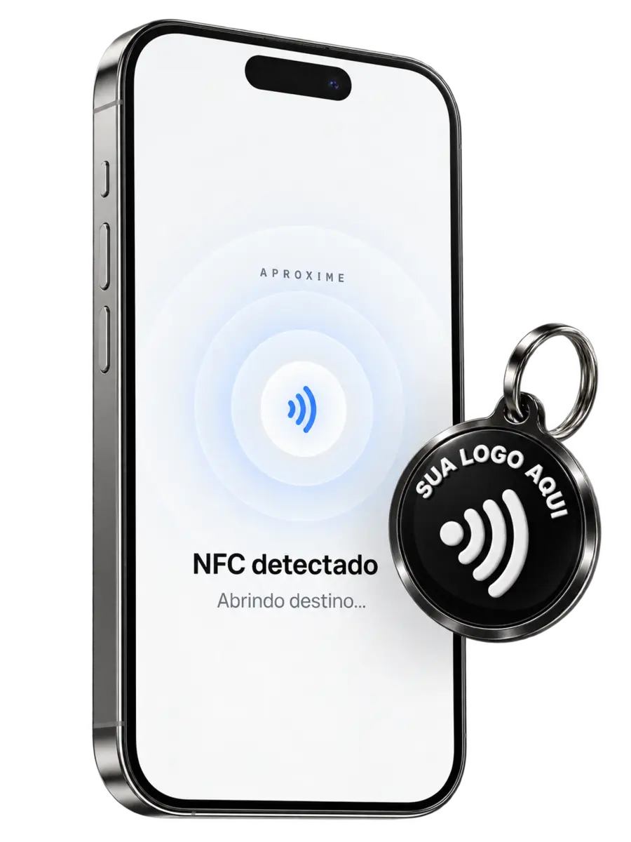 Smartphone 3D exibindo NFC detectado ao lado de uma tag NFC
