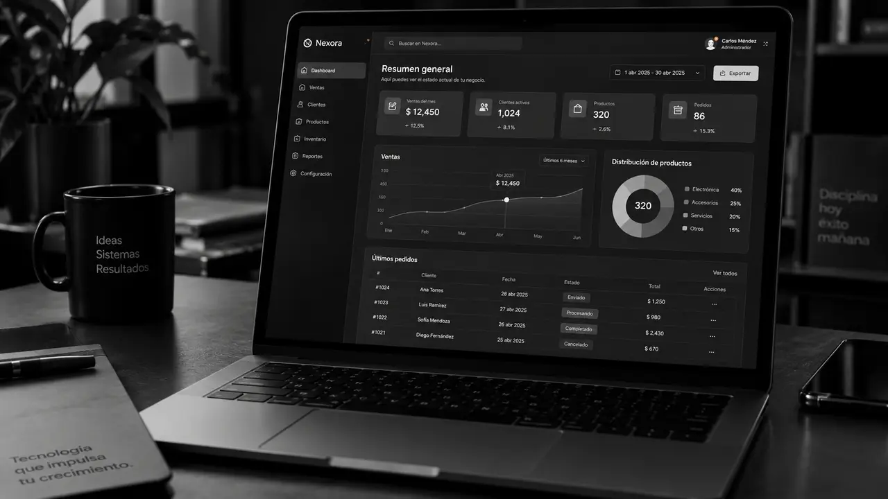 Sistema web profissional exibido em notebook